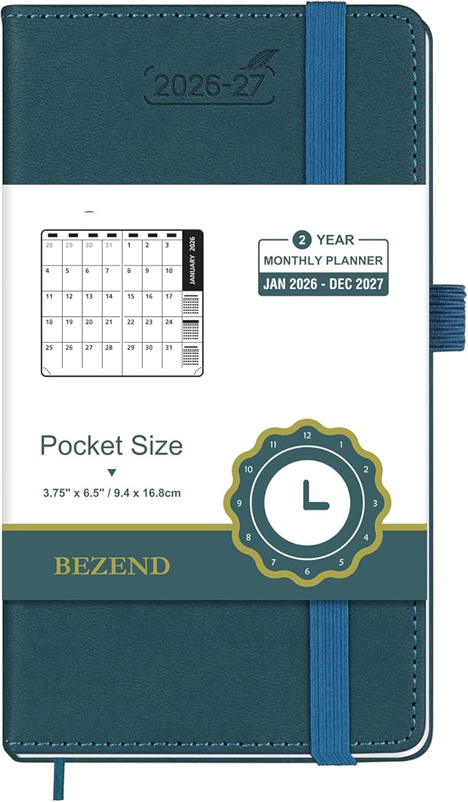 BEZEND Pocket Monthly Planner 2026-2027 (3.5" x 6.5") 2 Year Calendar Book for Purse with Note Pages, 100 GSM Paper, Inner Pocket, Pen Holder, Vegan Leather Hardcover in Dark Green