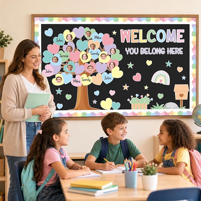 85pcs Pastel Classroom Tree Bulletin Board Heart DIY Photo Name Tags Crafts Cutouts Back to School Rainbow Accents You Belong Here Welcome Classroom Decor for Nursery Elementary Chalkboard Wall Decor