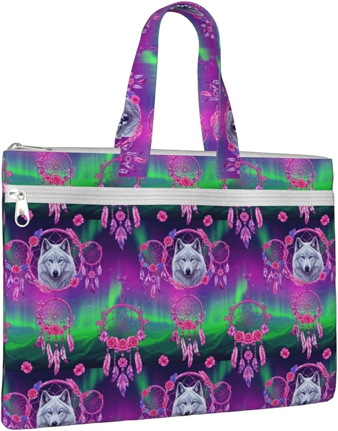 Canvas Fabric Document Briefcase Flower Dream Catcher Boho Wolf, Zipper File Organizer with Handle for Paper Files and Books