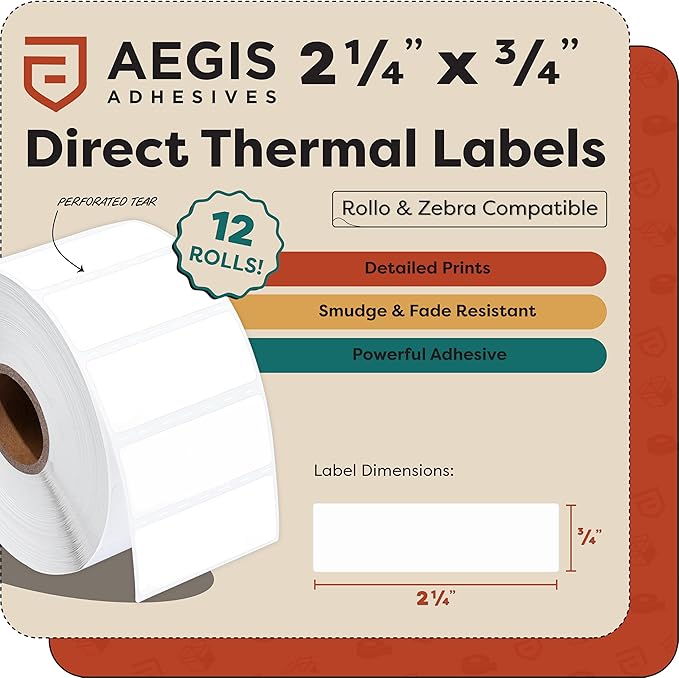 Aegis Adhesives - 2 1/4" X 3/4" Direct Thermal Labels (12 Rolls, 1700 Labels/Roll) for Barcodes, Address - Perforated, Compatible with Rollo, Zebra, and Other Desktop Label Printers