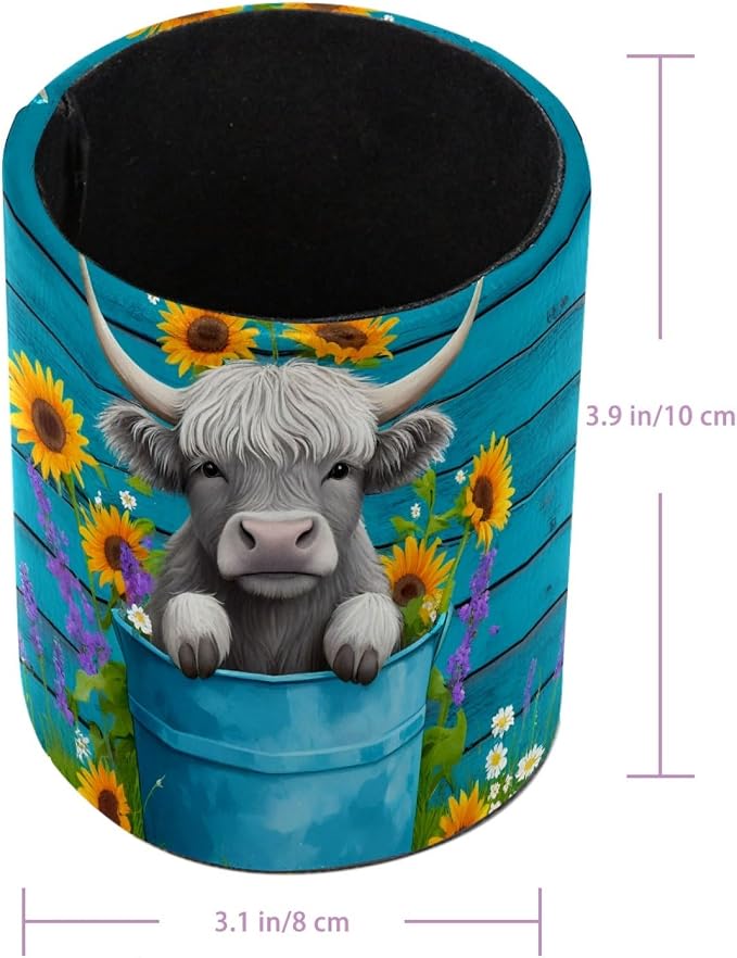 Highland Cow Rustic Teal Wood Pen Holder Pencil Organizer Cute Pencil Cup Desk Decor Makeup Brush Holder PU Multifunctional Office Supplies for Home Classroom School