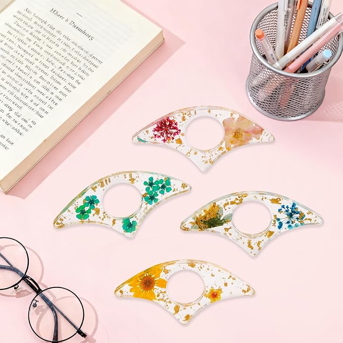 logohu 4 Pcs Thumb Book Page Holder, Dried Flower Resin Bookmark, Transparent Handmade Personalized Book Page Clip, One Handed Book Accessories for Reading Lovers Teachers Students