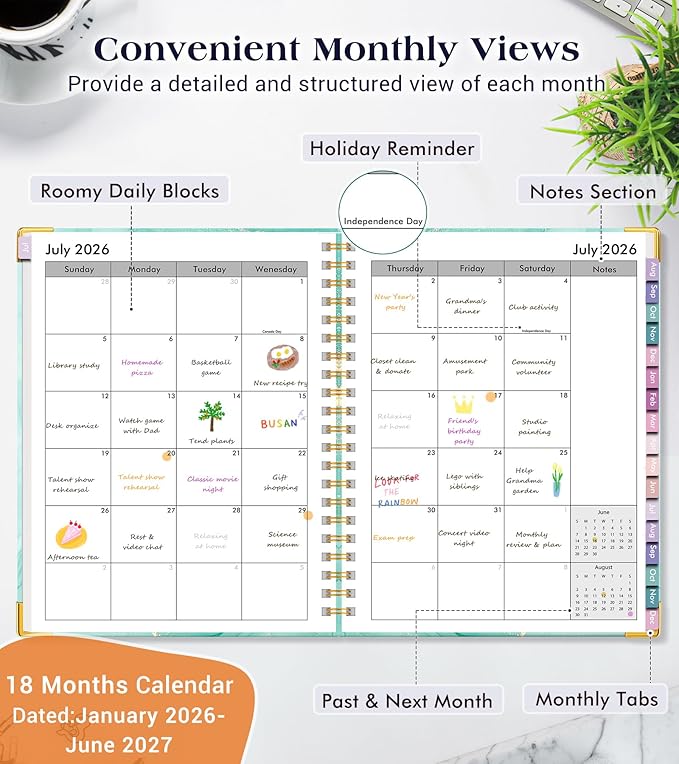 Academic Planner 2026-2027, 18 Months Weekly and Monthly Hardcover Planner, July 2026 - December 2027, 8.5" x 11" A4 Large Daily Calendar Planner Book with Tabs, Spiral College School Agenda Organizer for Student Teacher, Teal Marble