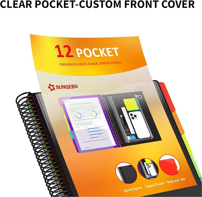 12 Pocket Project Organizer, 6 Colors Multi Pocket Folder Binder with Dividers, Spiral Pocket Notebook with Zipper Pouch, Office Organizer File Folders, Letter Size, School Supplies, Black