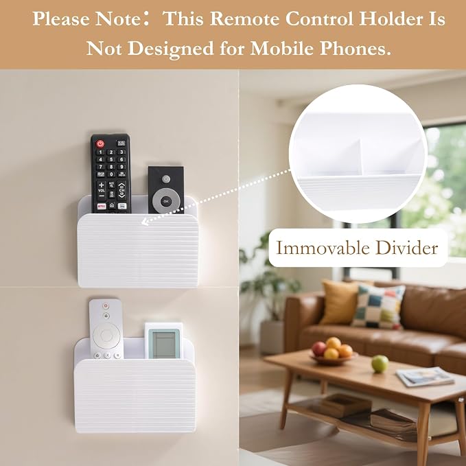 LINFIDITE Adhesive TV Remote Control Holder Wall Mount TV Remote Holder For Bedside Wall Remote Control Caddy Storage Organizer Stand Box （For 2 Or 4 Remote Controls –Whtie – Quantity 1）