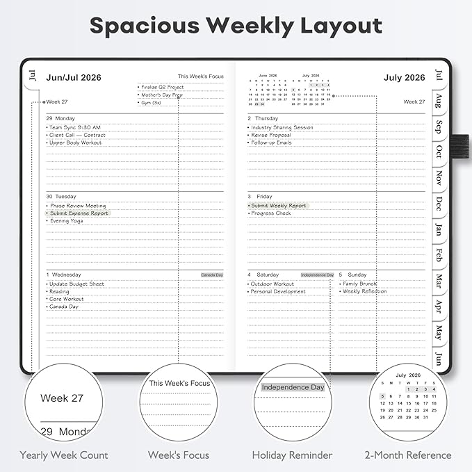 OMEYA Leather Academic Planner 2026-2027: A5 Black Business Weekly & Monthly Planner for Work, July 2026 – June 2027, 100gsm Thick Paper, Durable Stitched Binding, Tabs, Pen Loop, Pocket