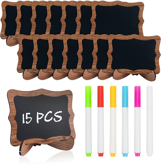 Temlum 15 Pcs Mini Chalkboard Sign with 6 Color Chalk Markers, 2.9″ x 3.9″ Wooden Blackboard Reusable Small Chalkboards for Food, Buffet, Parties, Message Boards, Table Numbers (Wavy Shaped)