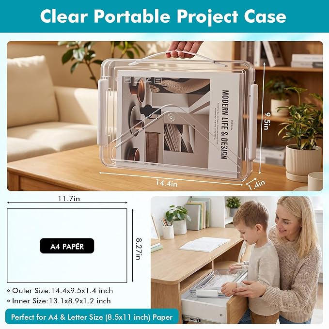 Novabright 5 Pack Clear Plastic File Boxes with Handle Portable Project Case Paper Storage Bin with Lid Transparent Stackable Container Document Magazine Protector for A4 Paper Photo Craft Scrapbook