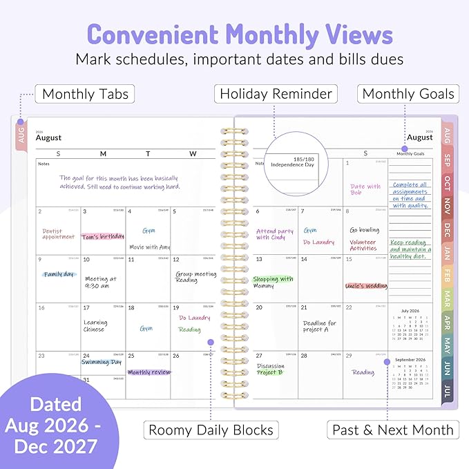 Aug 2026 - Dec 2027 Planner, Forvencer 17 Month Academic Planner 2026-2027, 6.3" x 8.4", Calendar Planner Weekly and Monthly, Daily Agenda Book, College School Supplies for Student Teacher, A5, Beige