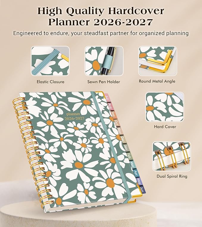 Academic Planner 2026-2027, Hardcover Weekly and Monthly Calendar Planner from July 2026 - June 2027, 6.1" x 8.2" A5 Daily Agenda with Tabs, College School Organizer for Student Teacher, Field of Daisies