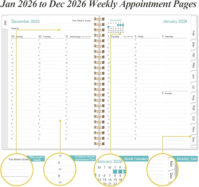 2026 Appointment Book & Planner - Hourly Planner from January 2026 -December 2026, Weekly Appointment Book 2026 with 30-Minute Interval, 6.4" x 8.5", Teal Floral