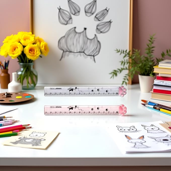 2 Pieces (15 cm) Cute Cat's Paw Straighter Ruler, Plastic Clear Student Ruler, for DIY Drawing/Line Drawing/Measuring/School/Home/Office Supplies, Children's Gifts Drafting Tools and Drafting Kits