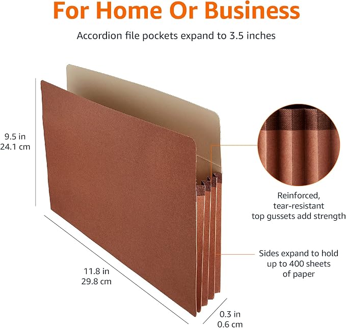 Amazon Basics Expanding File Folder Organizer with Pockets, Letter Size, 3.5-Inch Expansion, Accordion Style, Large Capacity Document Storage, Brown, 25-Pack