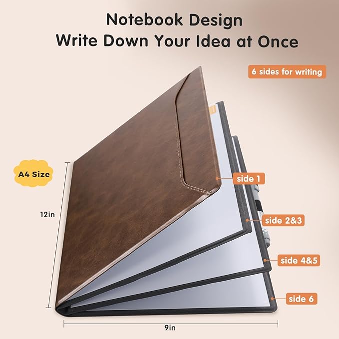 CoBak 6 Sides Portable White Board 12x9 inch (A4) - Notebook Design Dry Erase Small Board with Pocket and 3 Markers, Anti-Ghosting Surface for Office, School, Homeschool with Gift Box (Brown)