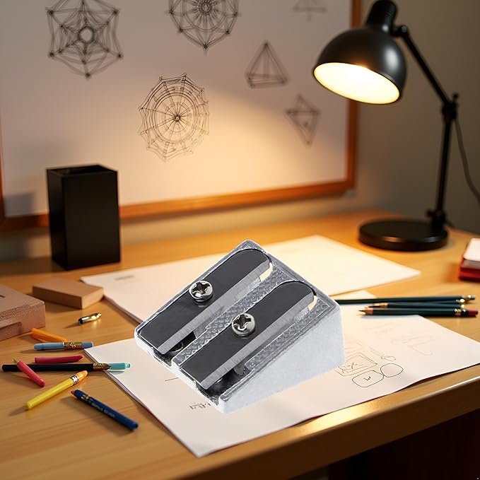 Silver Metal Bevelled Double Hole Pencil Sharpener School Office Sharpener Stationery Writing and Correction Supplies,Office and School Supplies