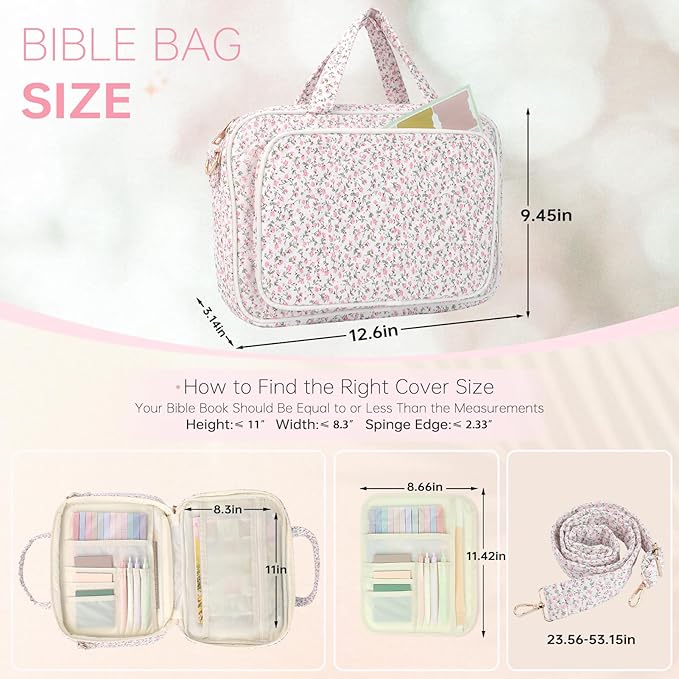 Bible Cover Case for Women Bible Study Supplies Church Camp Essentials Christian Gifts for Women Journaling Kit Quilted Large Bible Book Sleeve (Pink Flowers, Large)