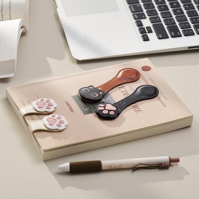 2Pcs Magnetic Leather Bookmarks with Gift Box Magnetic Pen Holder Book Marks Clip Gift for Book Lover Readers Men Women Teachers Students, Cat+Paw (Brown+Black)