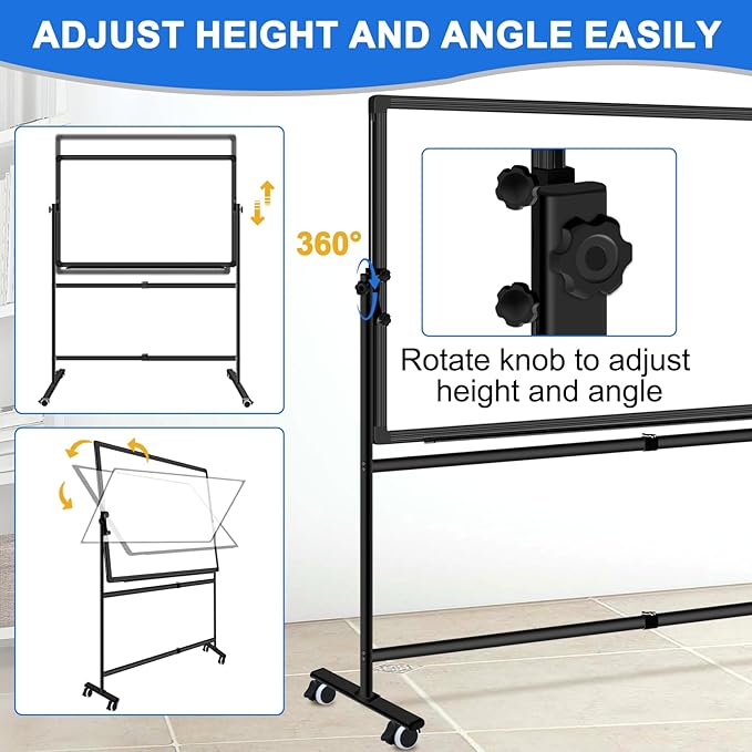 Max-officoo 40"x30" Double Sided Moblie Magnetic Dry Erase Board on Rolling Wheels, Height Adjustable & Angle Corkboard and Whiteboard with Stand