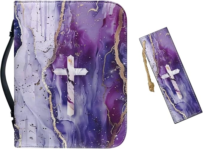 Leather Bible Covers for Women，Bible Case Carrying Tote Bag,Personalized Bible Bag with Bookmark, Scripture Study Protector,Purple Marble and Cross,X-Large
