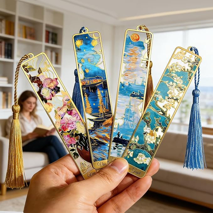 Kinsound Metal Bookmarks with Tassel, Golden Van Gogh Monet Oil Painting Theme Cute Hollow Book Markers for Reading Women, Teachers, Students, Reading Accessories Gifts for Book Lovers (Style B(4PCS))