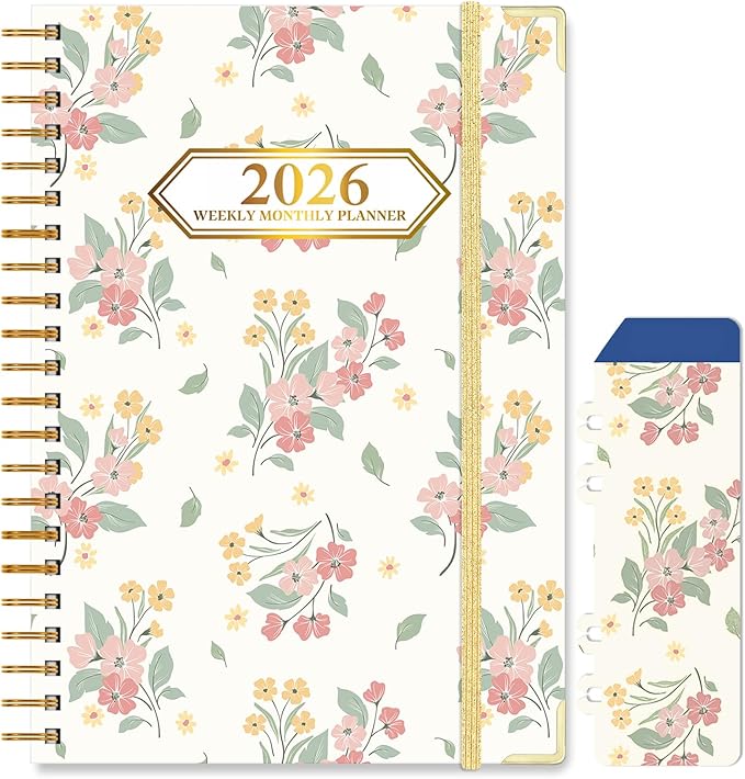 2026 Monthly Planner, Jan.2026 - Dec.2026 Weekly Monthly Planner 6.25"x8.5" with Page Tabs, Calendar Hardcover with Inner Pocket, Elastic Band, Twin-Wire Binding, Bookmark, Pink Bouquet