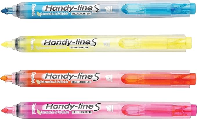 Pentel Handy-Line S Retractable Highlighter, Chisel Tip, Assorted Ink Colors, 4/ Pack (SXS15BP4M)