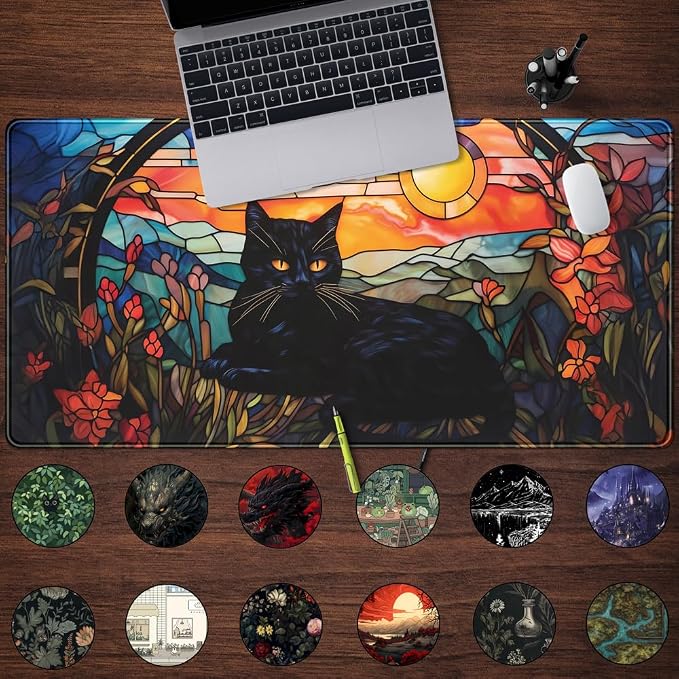 Mechanical Cattle Black Cat Desk Mat Vintage Sunset XXL Large Mouse Pad Laptop Desk Mousepad with Stitched Edges, Keyboard Pad Mouse Mat for Work Game Office Desk Accessories 31.5x15.7 in