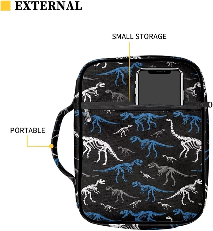 Coldinair Dinosaur Print Bible Cover for Kids Boy,Cool Bible Case Bible Carrier Carrying Organizer Purse Handbag with Zipper Pockets Protective Church Bag with Multi Pocket