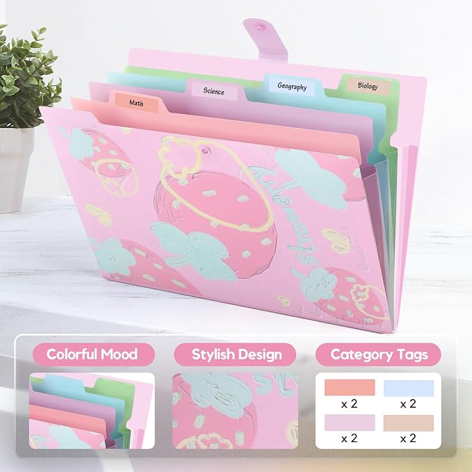 Cute Expanding File Folder Fruit Series - 5 Pockets Accordion Document Organizer, Waterproof Poly Plastic, A4/Letter Size for School Office Home (Strawberry)