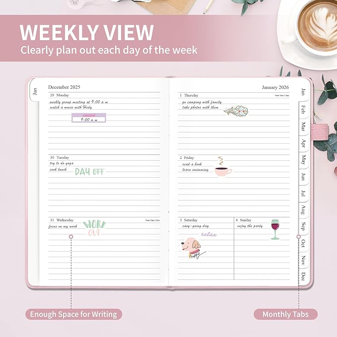 Planner 2026, Weekly and Monthly Planner with Tabs from Jan 2026 - Dec 2026, A5 Hardcover Academic Calendar with Date for School & Office Schedule, 5.8" x 8.3", Pink