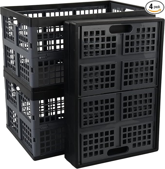 4-Pack 42 Liters Collapsible Storage Crate, Plastic Folding Crates | Durable Stackable Organizer Basket for Pantry, Garage, Car, Office, Home