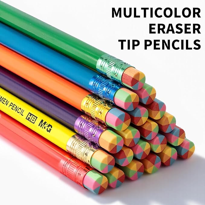 M&G Lumen Series 24 Pack HB Triangular Wood-Cased Pencils, Unsharpened with Multi-Color Erasers, Smooth Writing Break-Resistant Core, 6 Solid Bright Colors for School Office Classroom Supplies