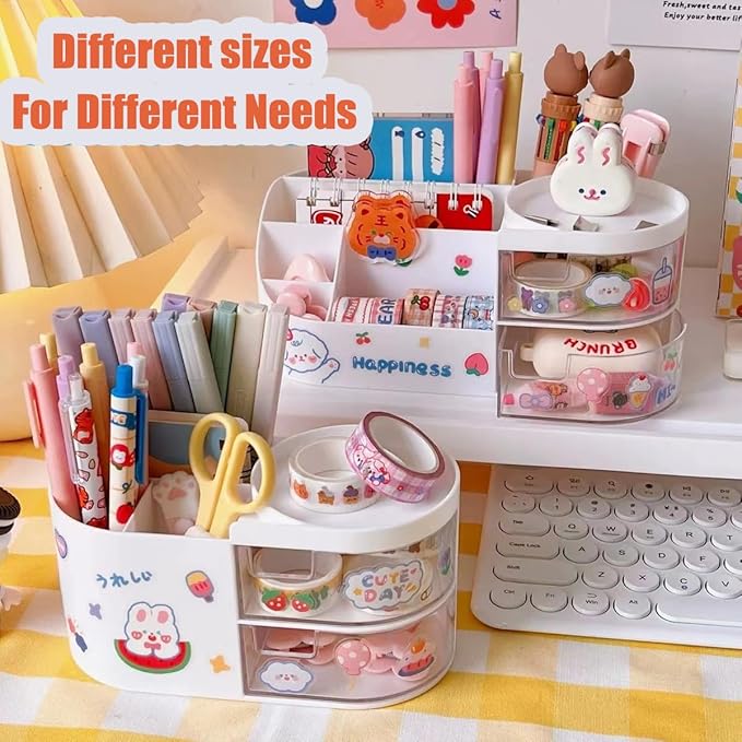 Kawaii Stationery Storage Box Makeup Organizer with 2 Drawers, Kawaii Pen Organizer with Stickers DIY Fun, Desk Organizers and Accessories with 5 Compartments for Teen Girls Office Art Supplie
