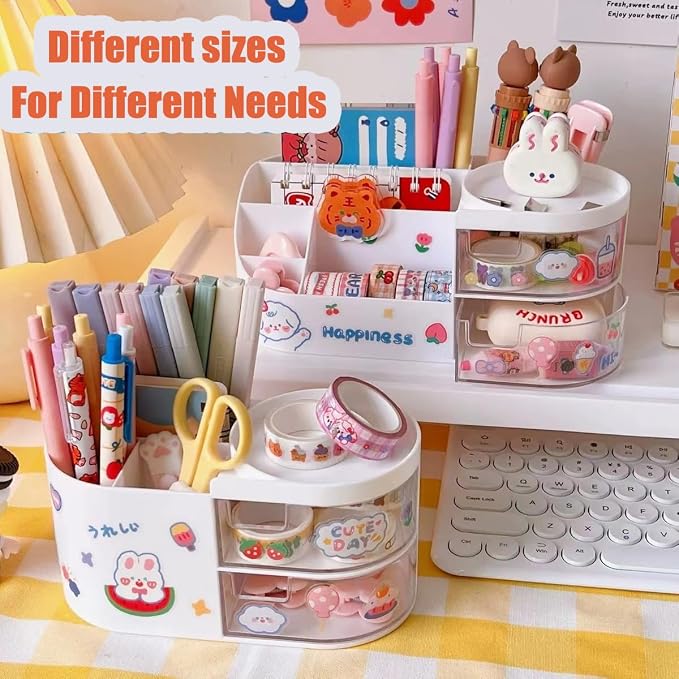 Kawaii Stationery Storage Box Makeup Organizer with 2 Drawers, Kawaii Pen Organizer with Stickers DIY Fun, Desk Organizers and Accessories with 5 Compartments for Teen Girls Office Art Supplie
