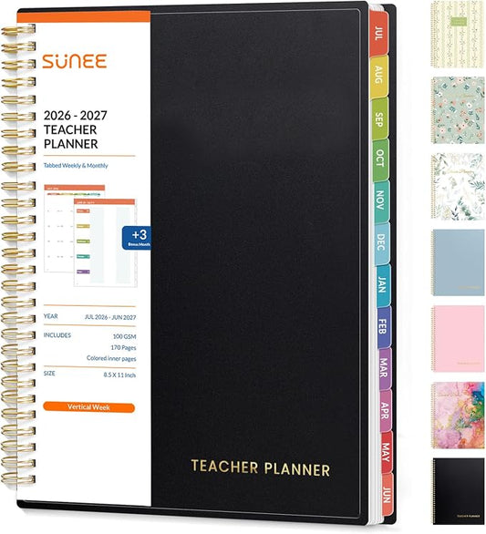 SUNEE Teacher Planner 2026-2027 Academic Year, Lite Lesson Planner Book with 7 Periods Jul 2026 - Jun 2027, 8.5"x11" Daily Weekly and Monthly Organizers, Plan Book with Pocket Folder, Color Tabs,Black
