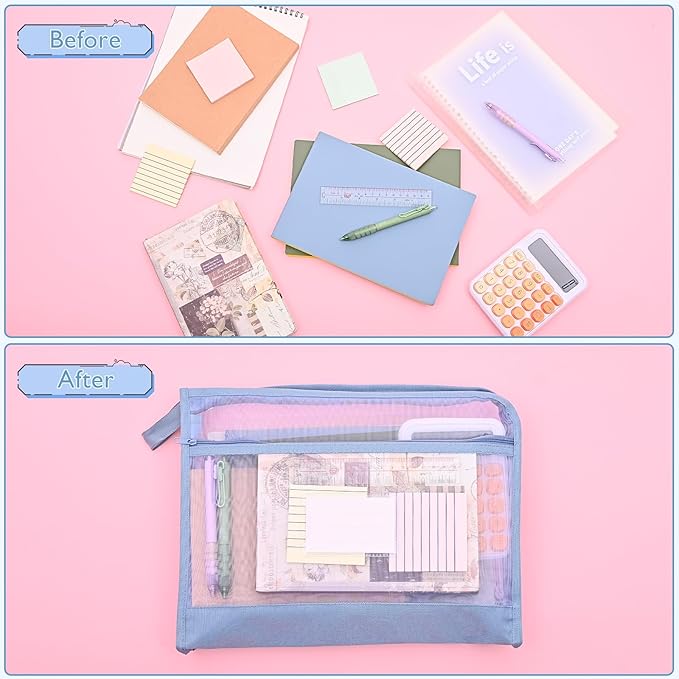 Mesh Zipper Pouch Bag with Handle, A4 Sized Double-Layer Clear Nylon Document Bags with Label, 14 x 10 in File Puzzle Storage Organizer for School Office Travel Supplies (Green)