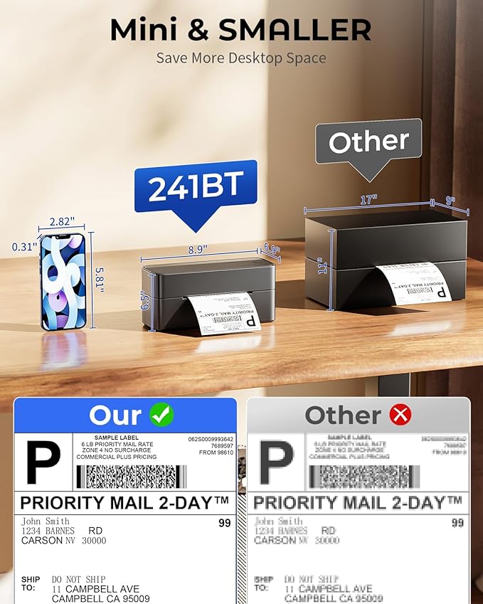 Phomemo Black 4x6 Shipping Label Printer with 1 Roll White 2" Round Thermal Labels