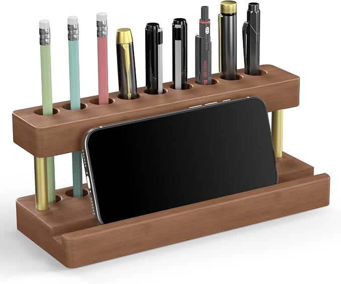 Wooden Holder for Office Desk, Solid Wood Pen Display Stand With 9 Slots and Cell Phone Holder, Aesthetic Pen Organizer for Minimalist Office Desk Decor (Wood+Gold)