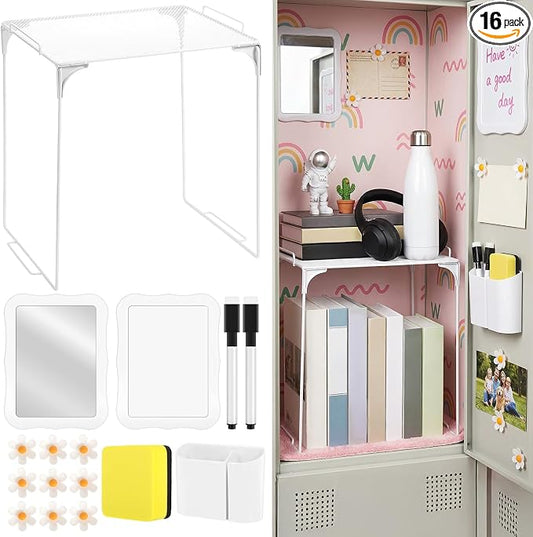 Colarr 16 Pcs White Locker Accessories for Girls Includes Magnetic Whiteboard & Mirror Locker Shelf Pen Holder 2 Dry Erase Marker & Eraser 9 Flowers for Back to School Essentials Decoration
