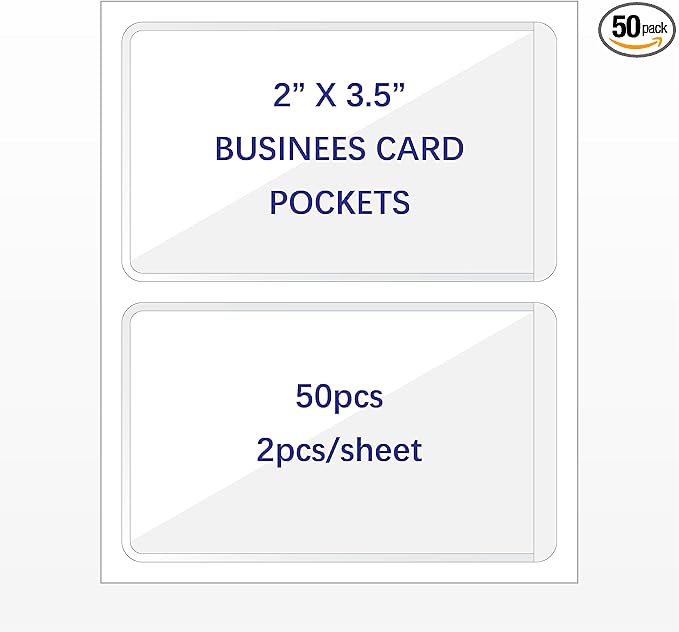 IMAGAME Clear Adhesive Business Card Pocket swith Side Open for Loading, 50 Pack, Plastic Labels Holders for Storage Bins and Library Card, Ideal for Organizing and Protecting Your Business Cards