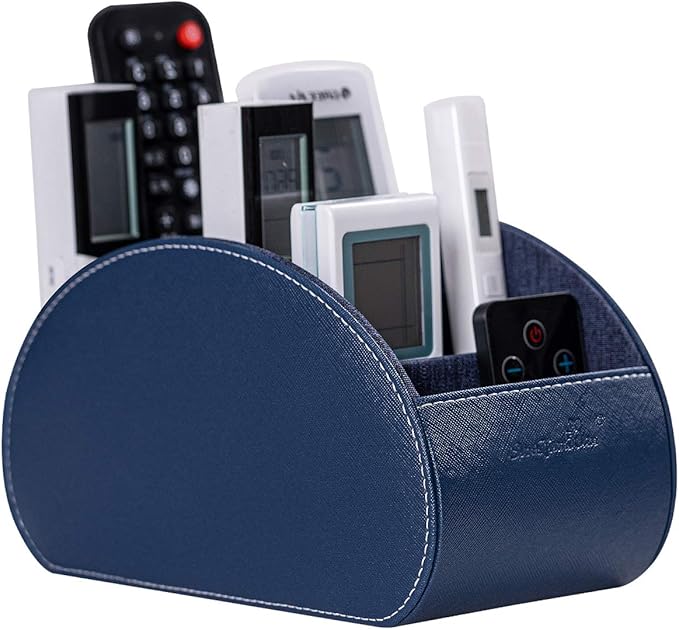 BONNY DODO Remote Control Holders Organizer Box with 5 Compartment PU Leather Multi-functional Office Desk Storage Caddy Store (Blue)