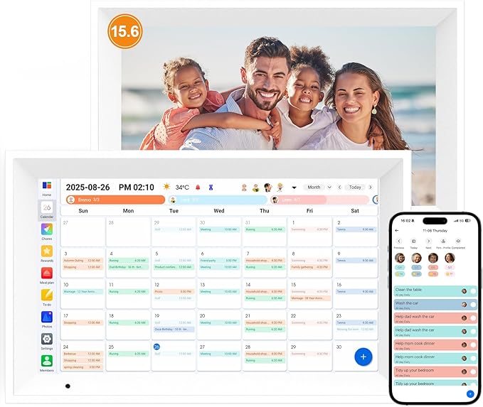 Digital Calendar 15.6" Digital Wall Planners for Family Schedules, Electronic Calendar with 1920*1080 Interactive Touchscreen, Digital Photo Frame Built-in 64GB Memory, Smart Calendar-White
