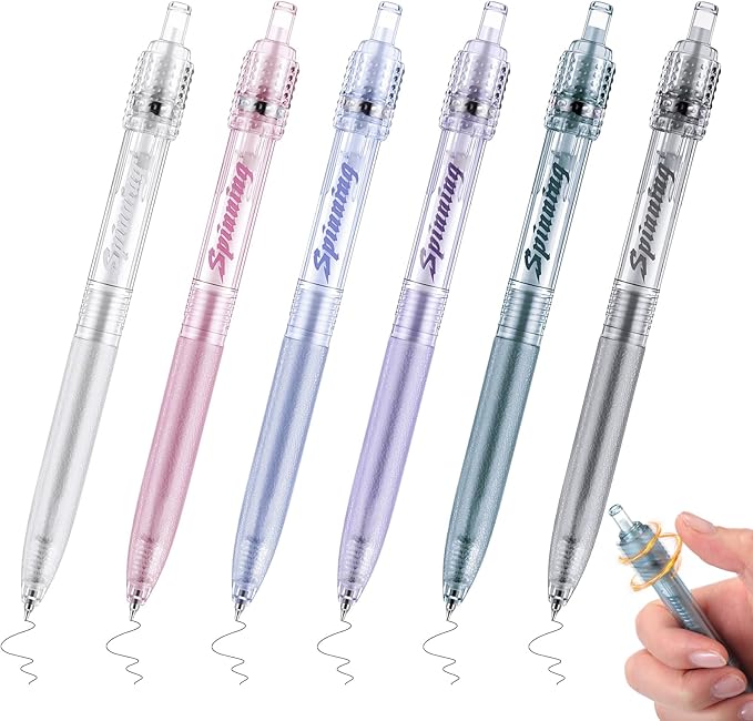 Crtiin 6 Pcs Fidget Spinner Pens for Adults Black Ink Gel Pens with Fidget Ball Stress Relief Pen Spinning Pen for Office Supplies Journaling (Cylinder,Clear)