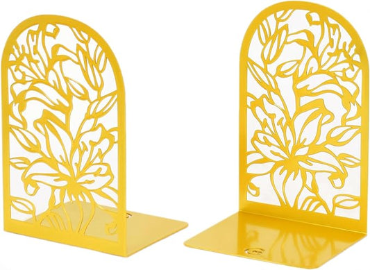 CNK Premium Bookends, Metal Book Stoppers for Heavy Books, Home Office & Decor (Lily Flower Gold)