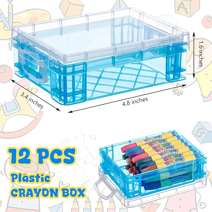 Suzile 12 Pcs Plastic Clear Crayon Box with Lids Stackable Blue Crayon Organizer Storage Holder Container Bulk Hard Pencil Case for School Classroom Office Supplies Pen Pencil Art Crafts