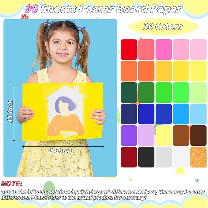 90 Pcs Colored Poster Board 30 Assorted Color Posterboard Paper Bulk 11 x 14in 250 GSM Thickness Cardstock Blank Smart Vision Board for School Drawing Craft Projects DIY Display Supplies