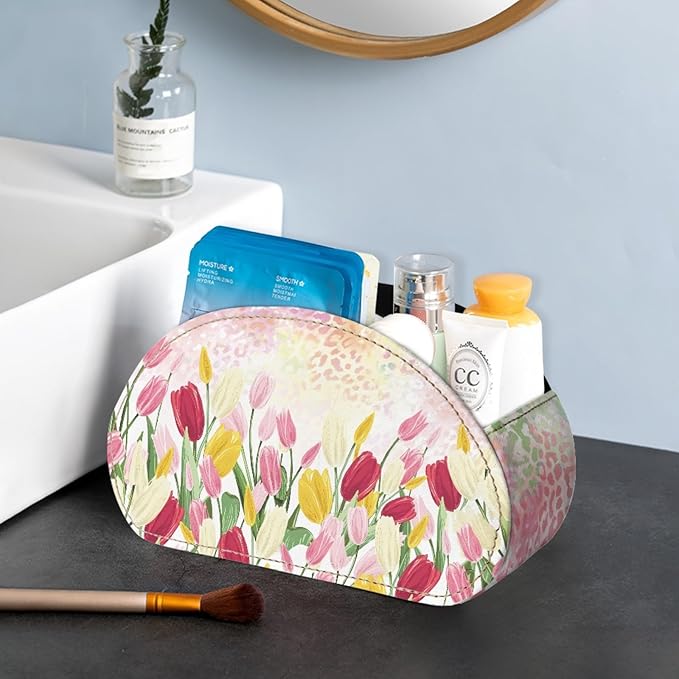 FUSURIRE Storage Box for Remote Controls, Easter Flower Leopard Print 5 Compartments PU Leather Remote Controllers Holder, Easter Theme Cosmetic Box Pen Pencil Organizer for Study Living Room