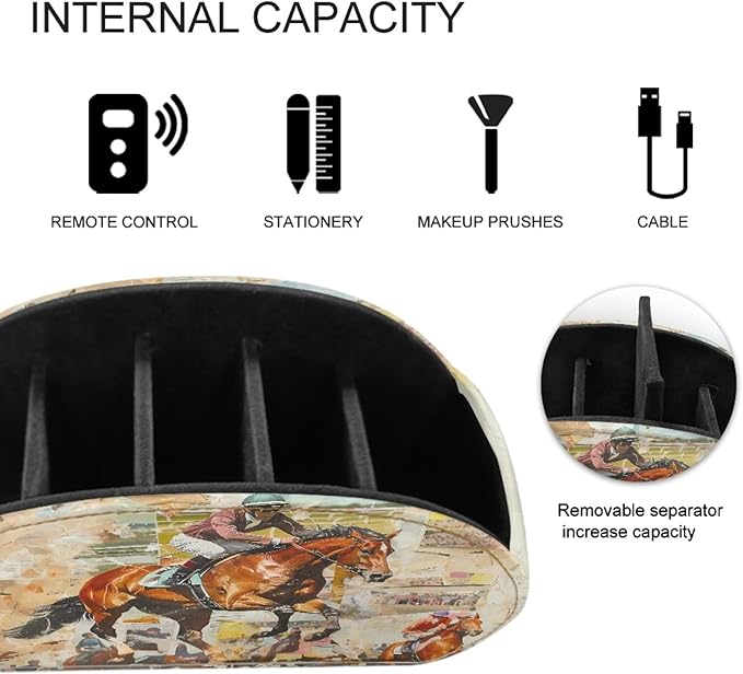 FUSURIRE Storage Box for Remote Controls, Equestrianism Print 5 Compartments PU Leather Remote Controllers Holder, Lightweight Cosmetic Box Pen Pencil Organizer for Study Living Room