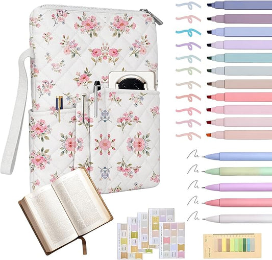 Bible Bags for Women with Bible Study Supplies Kit, Quilted Pink Flower Bible Cover Case, Bible Cover with Zipper & Pockets, Bible Bag, Bible Covers for Girls,10x8 Inch