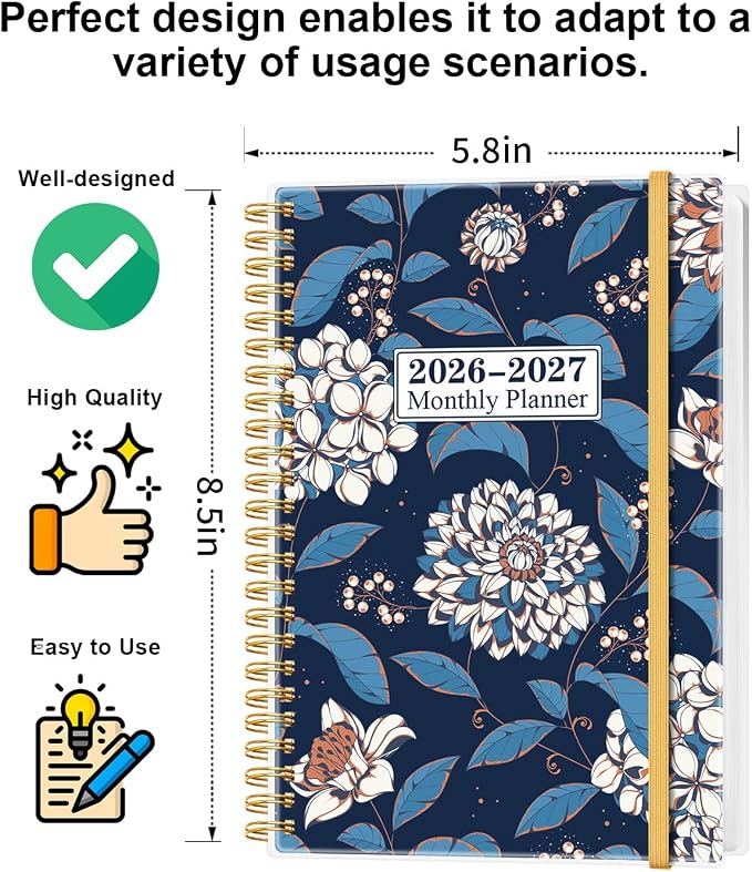 Monthly Planner 2026-2027 – Monthly Calendar from May 2026 to December 2027, 20 Month Planner with Spiral Binding, Inner Pocket, Elastic Closure, 5.8" x 8.5", Flower-A